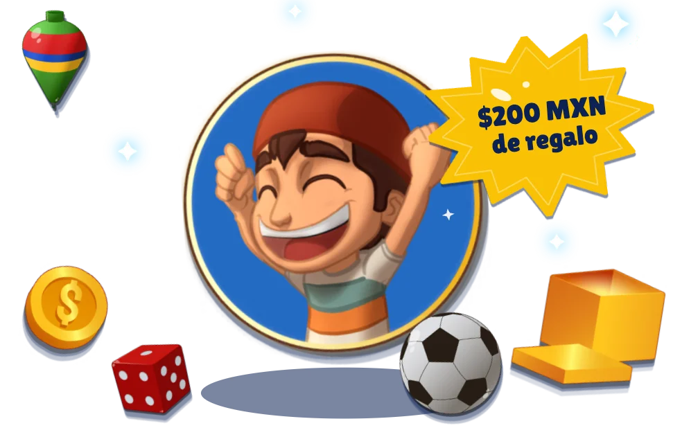 Personaje del juego celebrando junto a juguetes clásicos y un sello de $200 MXN de regalo