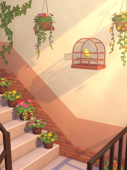 La misma pared reparada, con flores y un canario