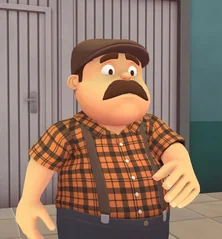 Vecino de bigote, con gorra y camisa a cuadros, sorprendido