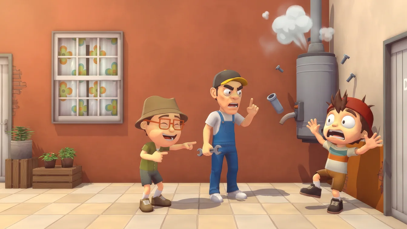 Tres personajes del juego en el patio del barrio